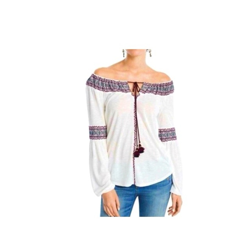 White House Black Market Off The Shoulder Embroidered Tassel Blouse - Picture 6 of 8